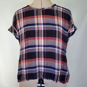 Anthropologie Cloth & Stone Top Women's XS Blue Pink Plaid Short Sleeve Shirt
